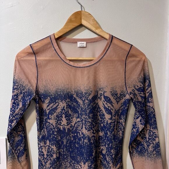 ARITZIA WILFRED Nude Beige Blue Sheer Printed Mesh Long Sleeve Top Medium - Picture 4 of 8